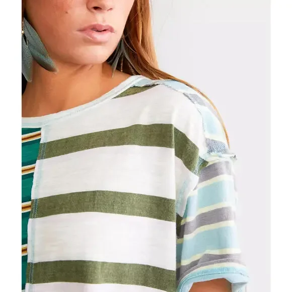 Free People We The Free Get Real Tee Striped Printed Oversized Crew Neck Top S - Picture 3 of 5